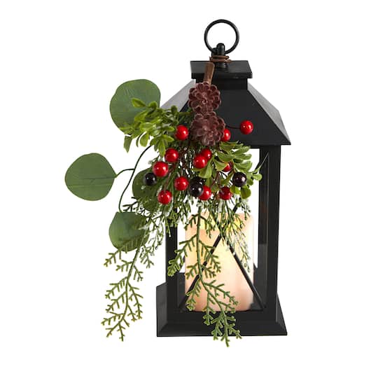 12&#x22; Berries &#x26; Greenery Metal Lantern Artificial Table Christmas Arrangement with LED Candle